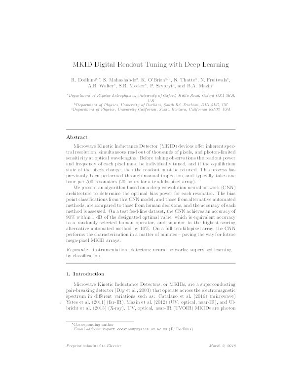 MKID digital readout tuning with deep learning Thumbnail