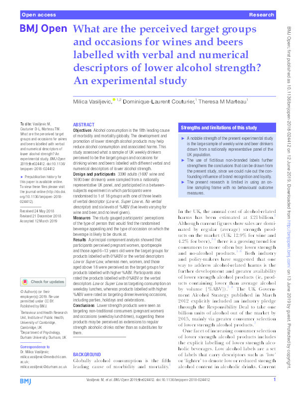 What are the perceived target groups and occasions for wines and beers labelled with verbal and numerical descriptors of lower alcohol strength? An experimental study Thumbnail