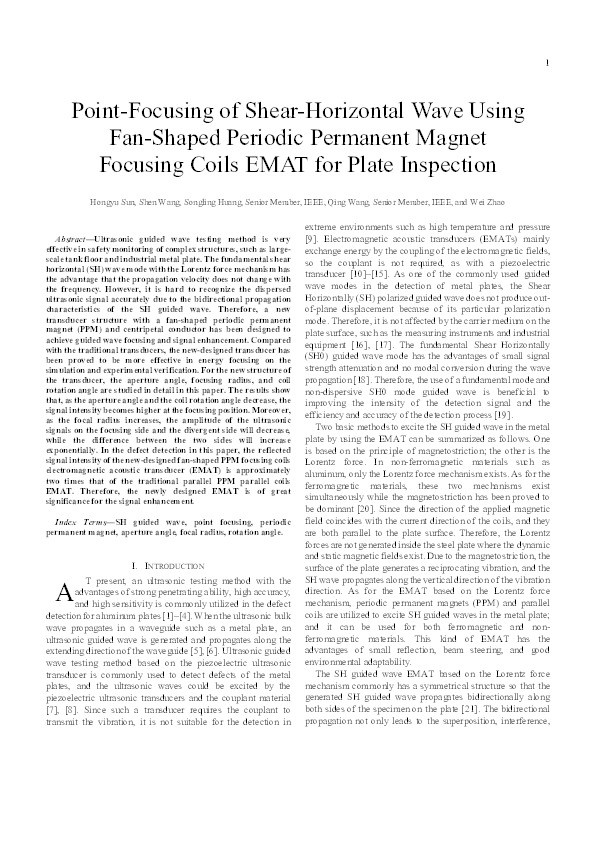 Point-Focusing of Shear-Horizontal Wave Using Fan-Shaped Periodic Permanent Magnet Focusing Coils EMAT for Plate Inspection Thumbnail