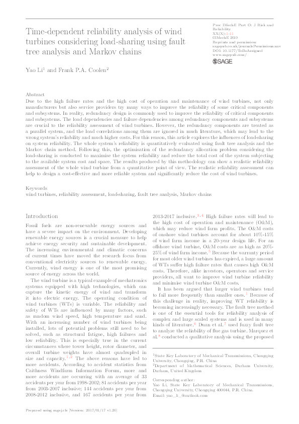 Time-dependent reliability analysis of wind turbines considering load-sharing using fault tree analysis and Markov chains Thumbnail