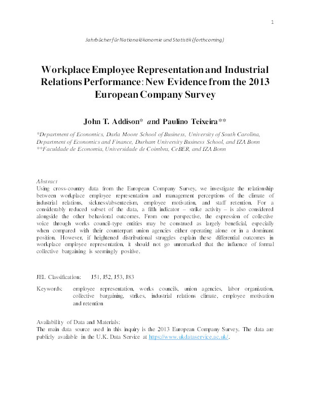 Workplace Employee Representation and Industrial Relations Performance: New Evidence from the 2013 European Company Survey Thumbnail