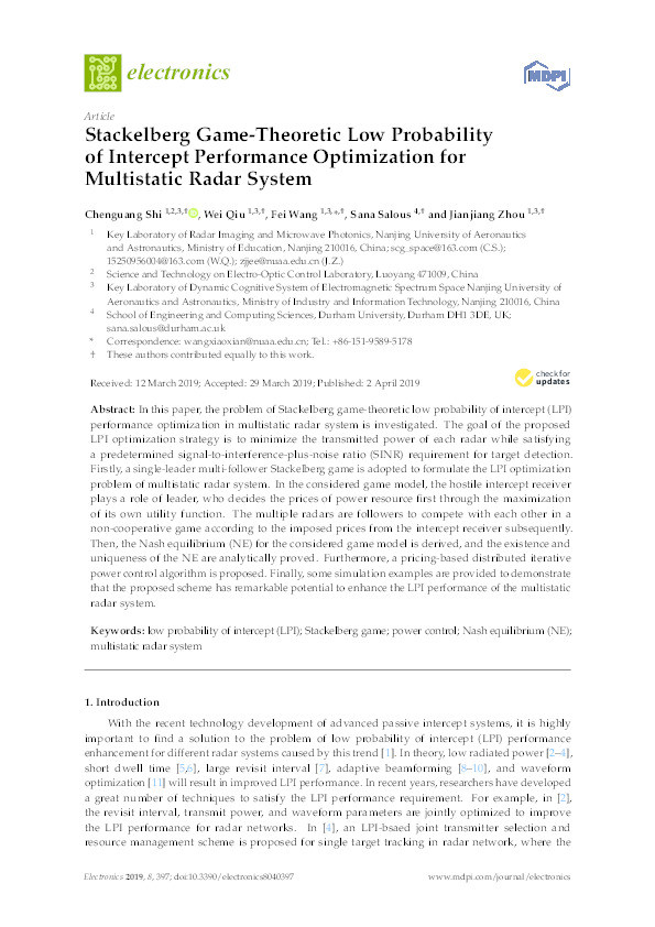 Stackelberg Game-Theoretic Low Probability of Intercept Performance Optimization for Multistatic Radar System Thumbnail