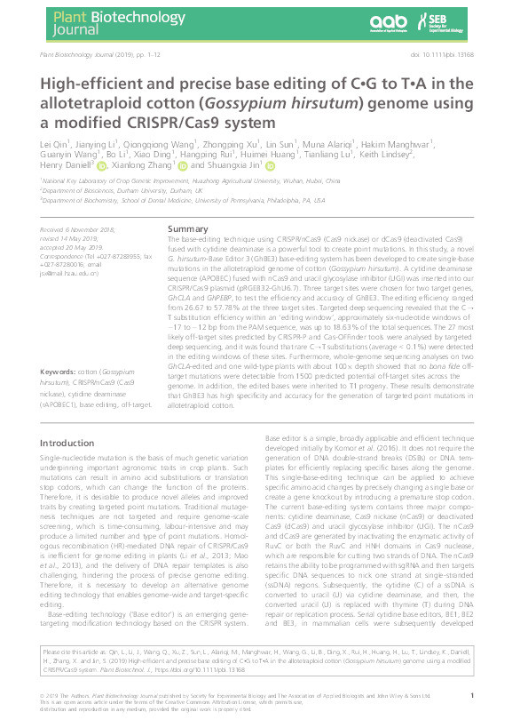 High efficient and precise base editing of C•G to T•A in the allotetraploid cotton (Gossypium hirsutum) genome using a modified CRISPR/Cas9 system Thumbnail