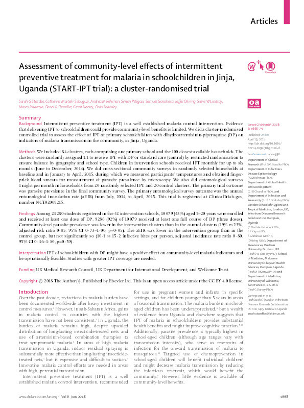 Assessment of community-level effects of intermittent preventive treatment for malaria in schoolchildren in Jinja, Uganda (START-IPT trial): a cluster-randomised trial Thumbnail