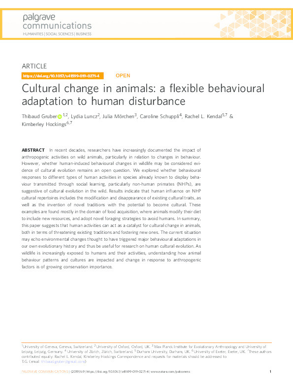 Cultural change in animals: a flexible behavioural adaptation to human disturbance Thumbnail