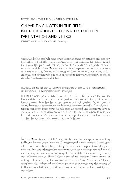 On writing notes in the field: Interrogating positionality, emotion, participation and ethics Thumbnail