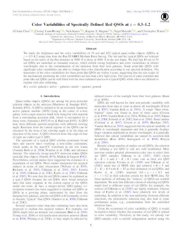 Color Variabilities of Spectrally Defined Red QSOs at z = 0.3–1.2 Thumbnail