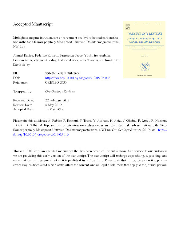 Multiphase magma intrusion, ore-enhancement and hydrothermal carbonatisation in the Siah-Kamar porphyry Mo deposit, Urumieh-Dokhtar magmatic zone, NW Iran Thumbnail