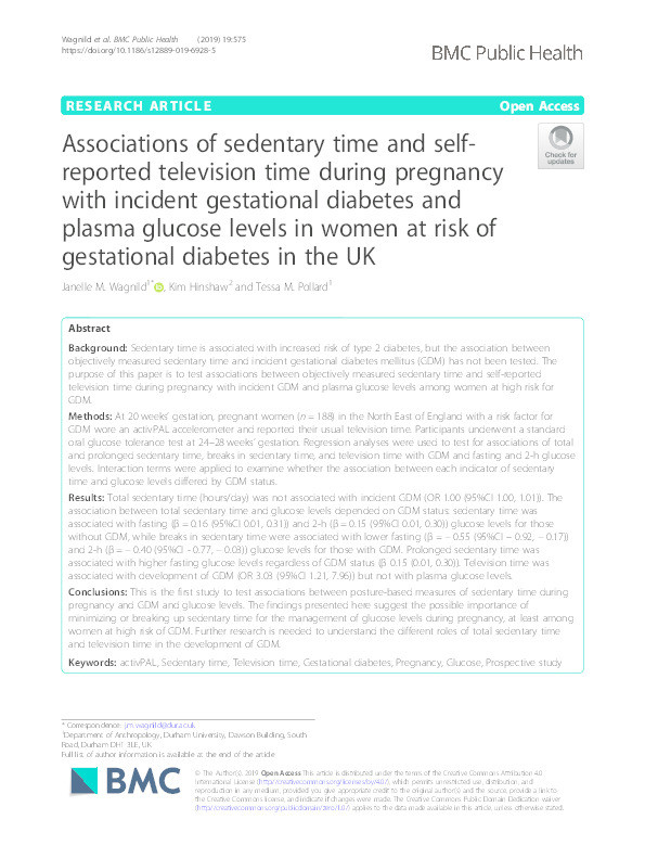 Associations of sedentary time and self-reported television time during pregnancy with incident gestational diabetes and plasma glucose levels in women at risk of gestational diabetes in the UK Thumbnail