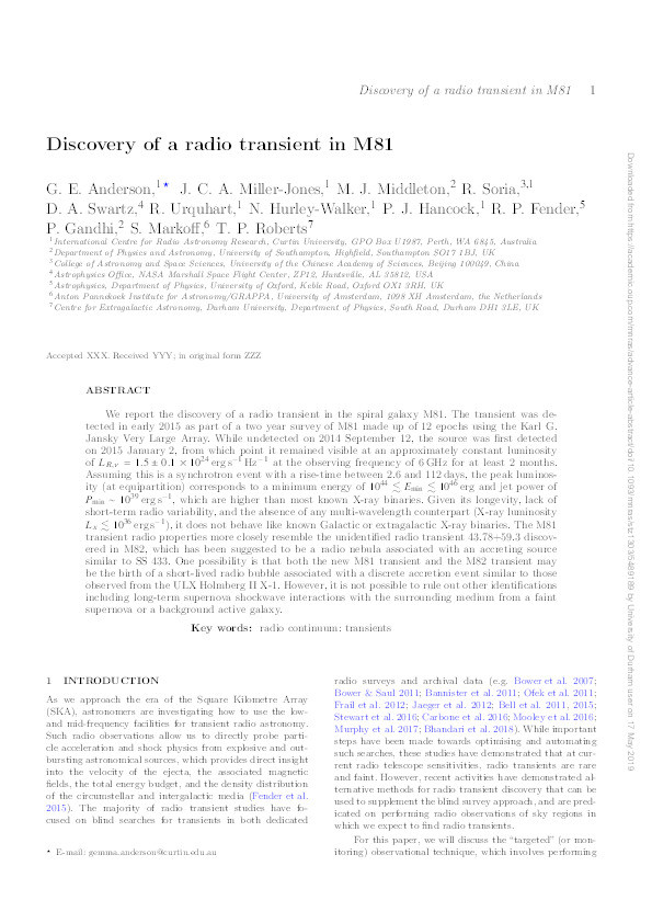 Discovery of a radio transient in M81 Thumbnail