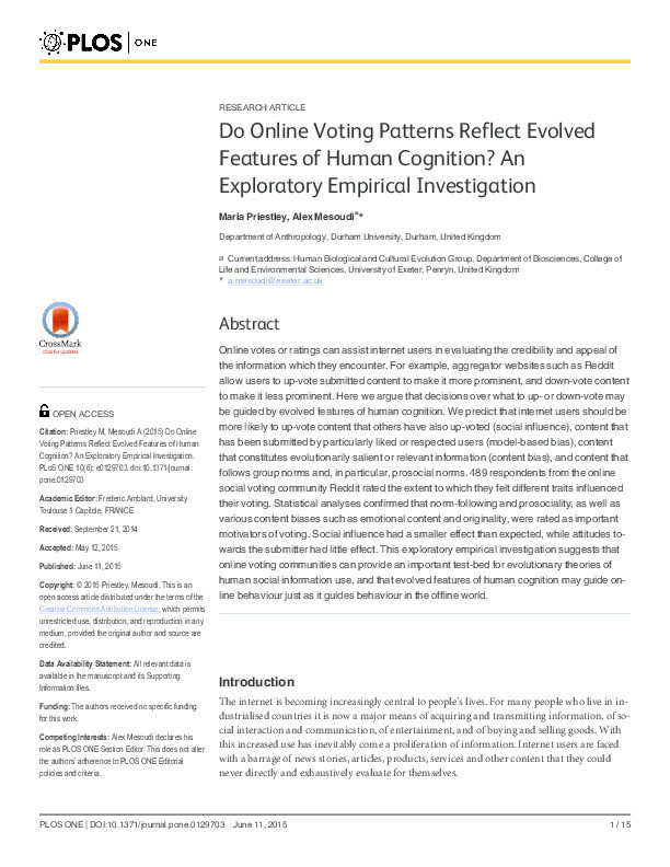 Do Online Voting Patterns Reflect Evolved Features of Human Cognition? An Exploratory Empirical Investigation Thumbnail