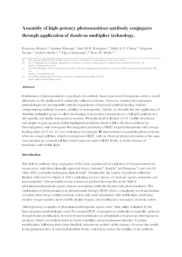 Assembly of High-Potency Photosensitizer–Antibody Conjugates through Application of Dendron Multiplier Technology Thumbnail