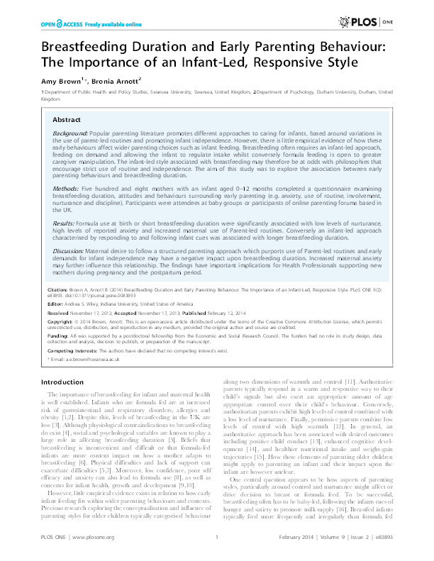 Breastfeeding Duration and Early Parenting Behaviour: The Importance of an Infant-Led, Responsive Style Thumbnail