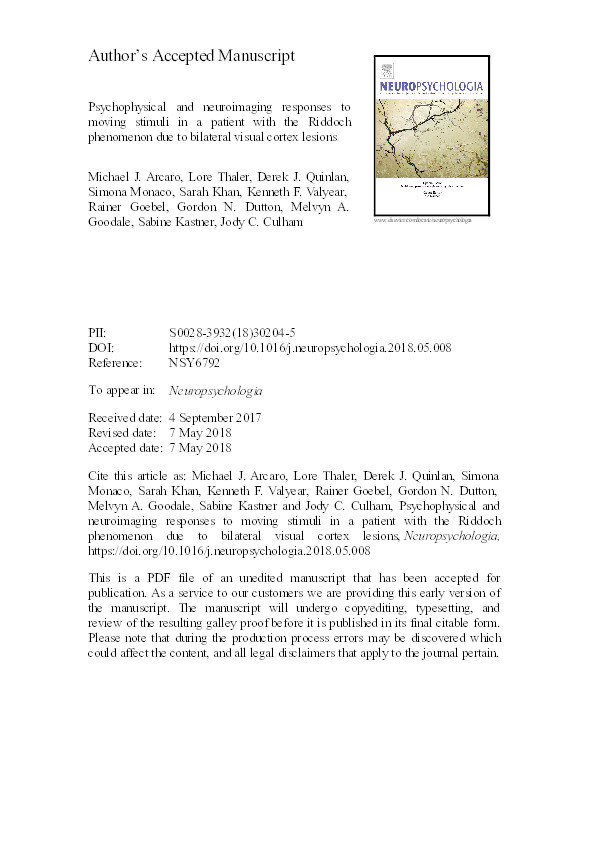 Psychophysical and neuroimaging responses to moving stimuli in a patient with the Riddoch phenomenon due to bilateral visual cortex lesions Thumbnail