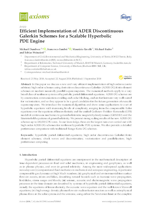 Efficient Implementation of ADER Discontinuous Galerkin Schemes for a Scalable Hyperbolic PDE Engine Thumbnail