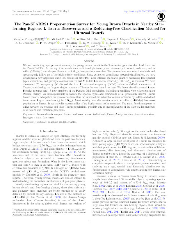 The Pan-STARRS1 Proper-motion Survey for Young Brown Dwarfs in Nearby Star-forming Regions. I. Taurus Discoveries and a Reddening-free Classification Method for Ultracool Dwarfs Thumbnail