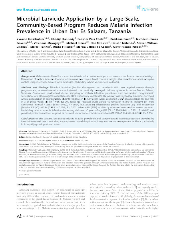 Microbial Larvicide Application by a Large-Scale, Community-Based Program Reduces Malaria Infection Prevalence in Urban Dar Es Salaam, Tanzania Thumbnail