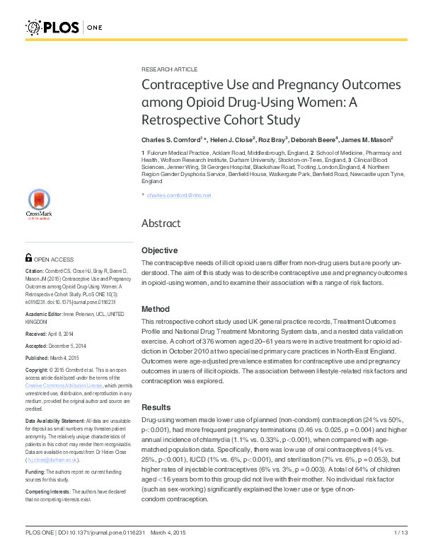 Contraceptive Use and Pregnancy Outcomes among Opioid Drug-Using Women: A Retrospective Cohort Study Thumbnail