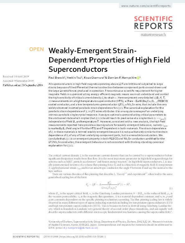Weakly-Emergent Strain-Dependent Properties of High Field Superconductors Thumbnail