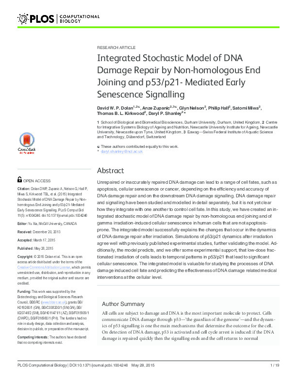 Integrated Stochastic Model of DNA Damage Repair by Non-homologous End Joining and p53/p21- Mediated Early Senescence Signalling Thumbnail