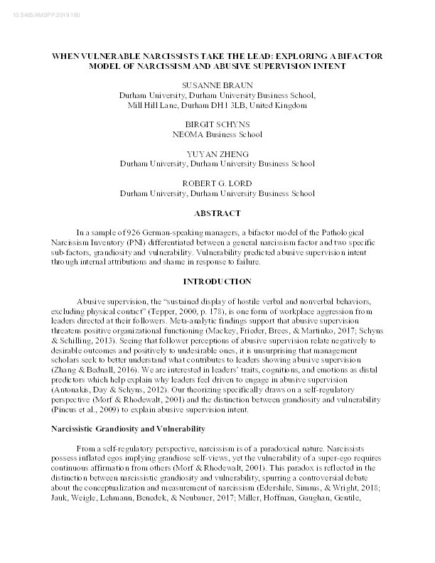 Vulnerable narcissists in leadership? A bifactor model of narcissism and abusive supervision intent Thumbnail