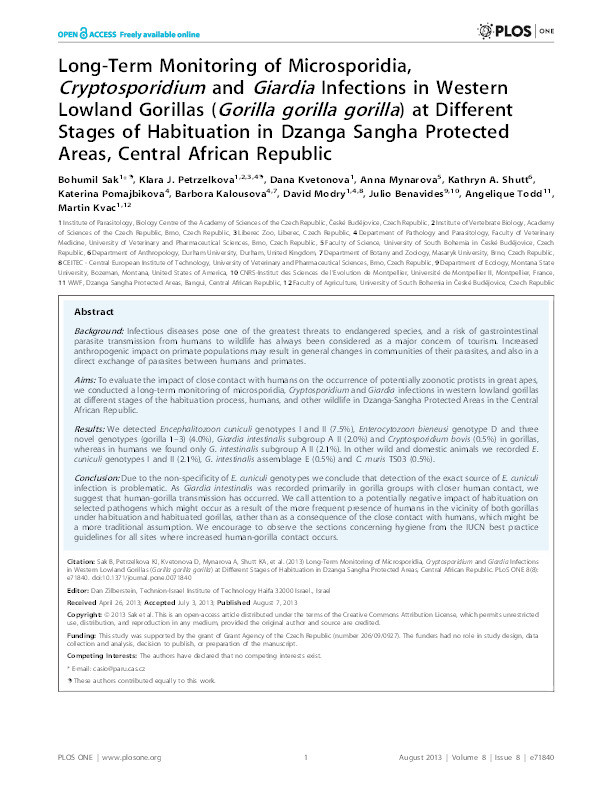 Long-Term Monitoring of Microsporidia, Cryptosporidium and Giardia Infections in Western Lowland Gorillas (Gorilla gorilla gorilla) at Different Stages of Habituation in Dzanga Sangha Protected Areas, Central African Republic Thumbnail