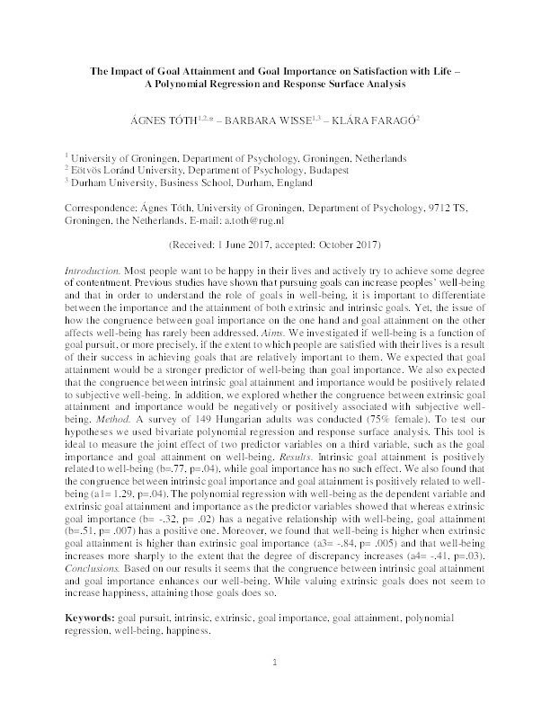 The impact of goal attainment and goal importance on satisfaction with life – a polynomial regression and response surface analysis Thumbnail