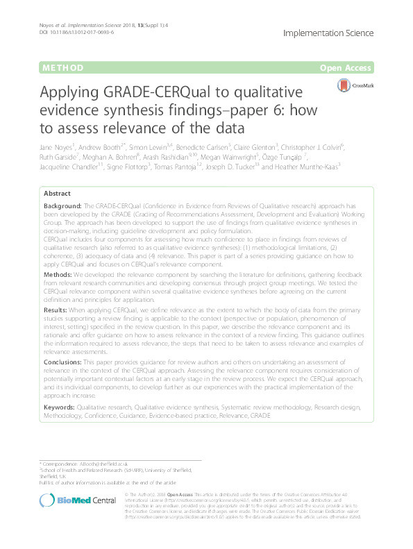 Applying GRADE-CERQual to qualitative evidence synthesis findings–paper 6: how to assess relevance of the data Thumbnail