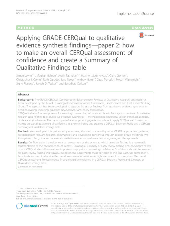 Applying GRADE-CERQual to qualitative evidence synthesis findings—paper 2: how to make an overall CERQual assessment of confidence and create a Summary of Qualitative Findings table Thumbnail