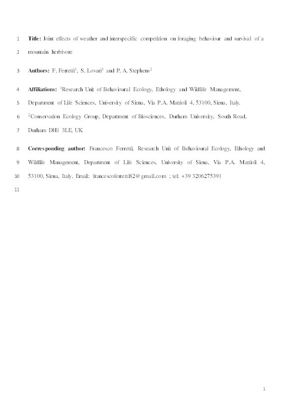 Joint effects of weather and interspecific competition on foraging behaviour and survival of a mountain herbivore Thumbnail