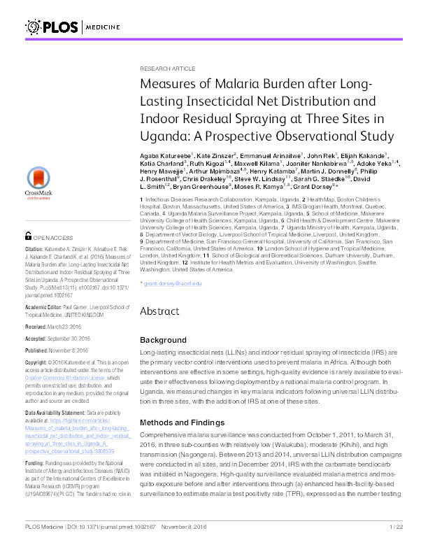 Measures of Malaria Burden after Long-Lasting Insecticidal Net Distribution and Indoor Residual Spraying at Three Sites in Uganda: A Prospective Observational Study Thumbnail