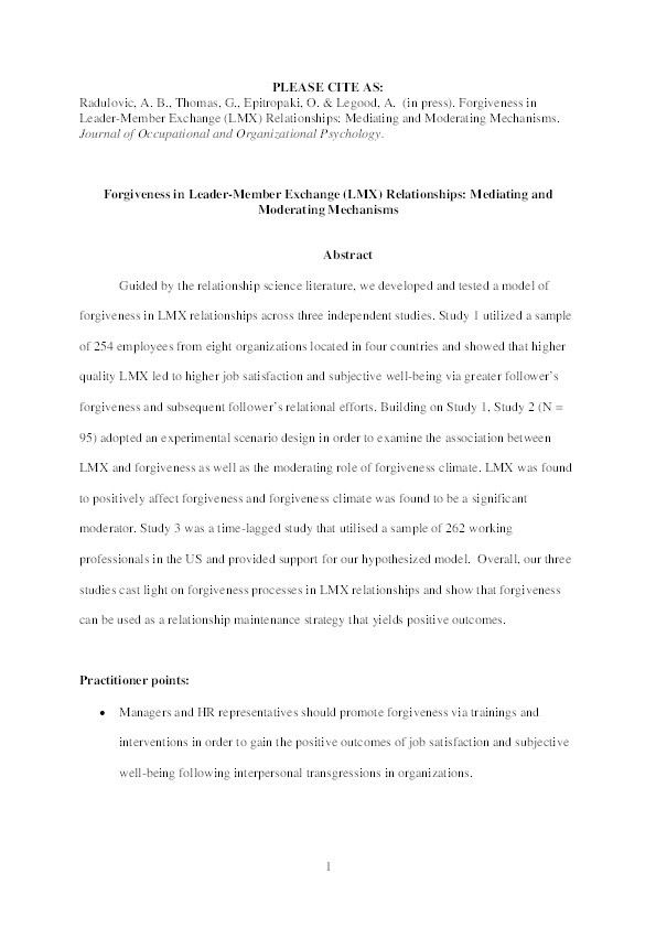 Forgiveness in leader–member exchange relationships: Mediating and moderating mechanisms Thumbnail