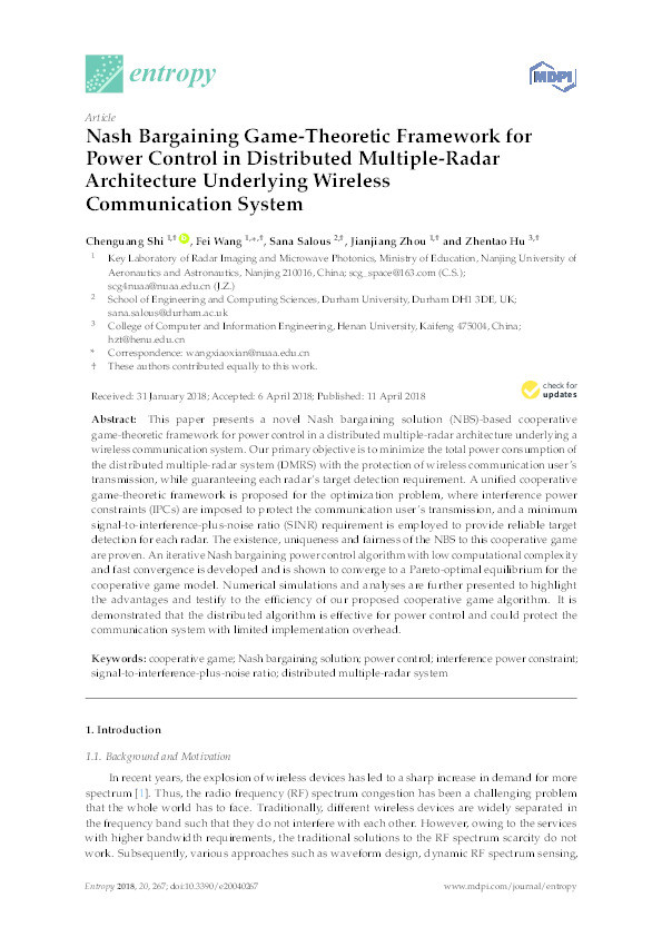 Nash Bargaining Game-Theoretic Framework for Power Control in Distributed Multiple-Radar Architecture Underlying Wireless Communication System Thumbnail