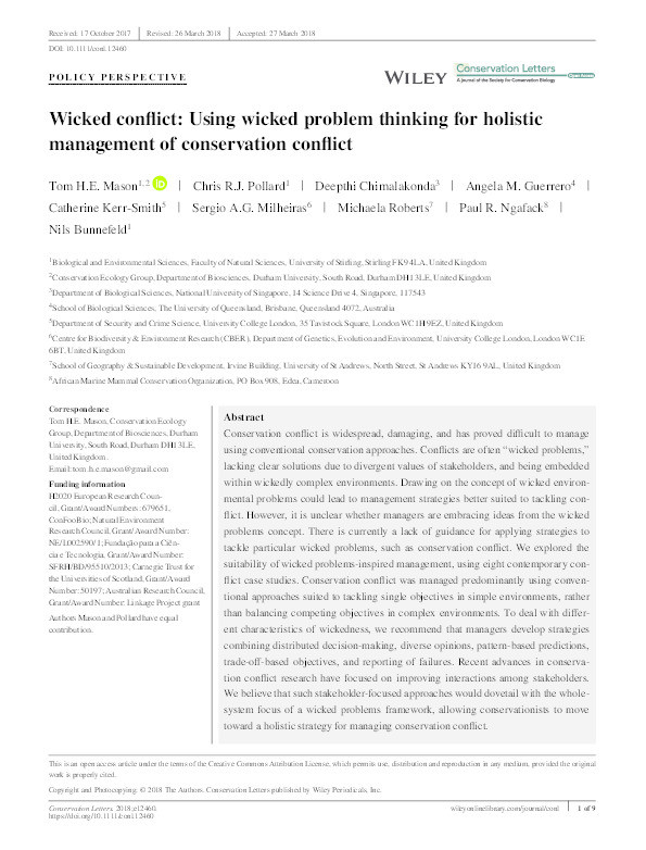Wicked conflict: Using wicked problem thinking for holistic management of conservation conflict Thumbnail