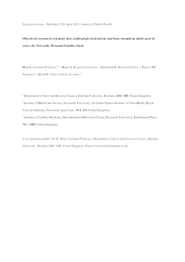 Objectively-measured sedentary time, habitual physical activity and bone strength in adults aged 62 years: the Newcastle Thousand Families Study Thumbnail