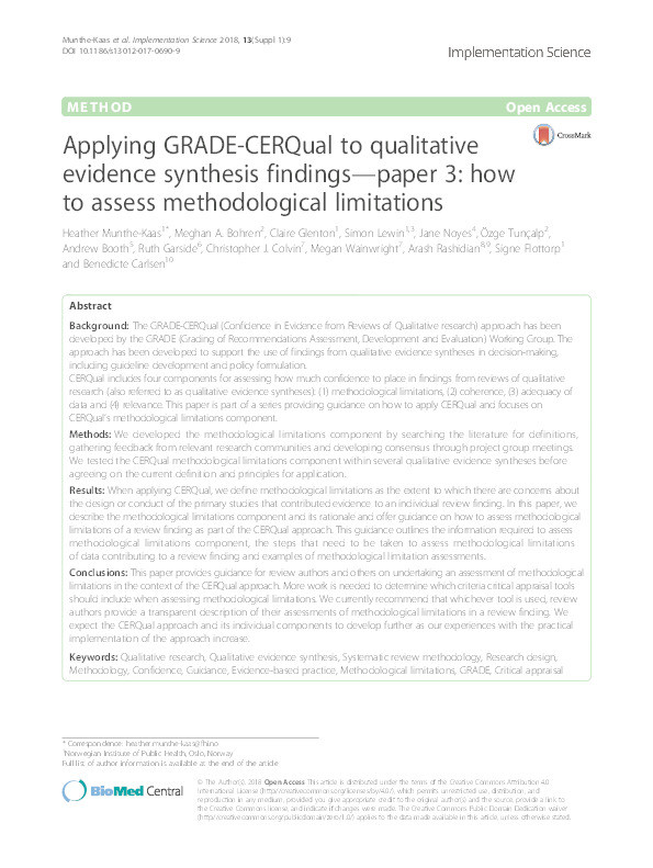 Applying GRADE-CERQual to qualitative evidence synthesis findings—paper 3: how to assess methodological limitations Thumbnail
