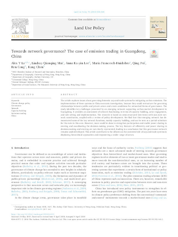 Towards network governance? The case of emission trading in Guangdong, China Thumbnail