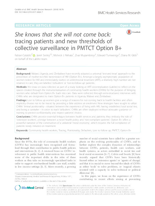 She knows that she will not come back: tracing patients and new thresholds of collective surveillance in PMTCT Option B+ Thumbnail