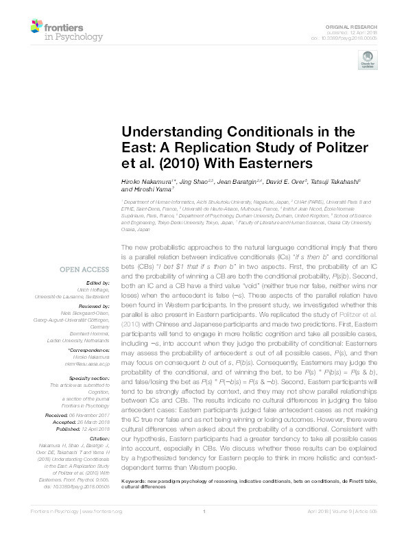 Understanding Conditionals in the East: A Replication Study of Politzer et al. (2010) With Easterners Thumbnail