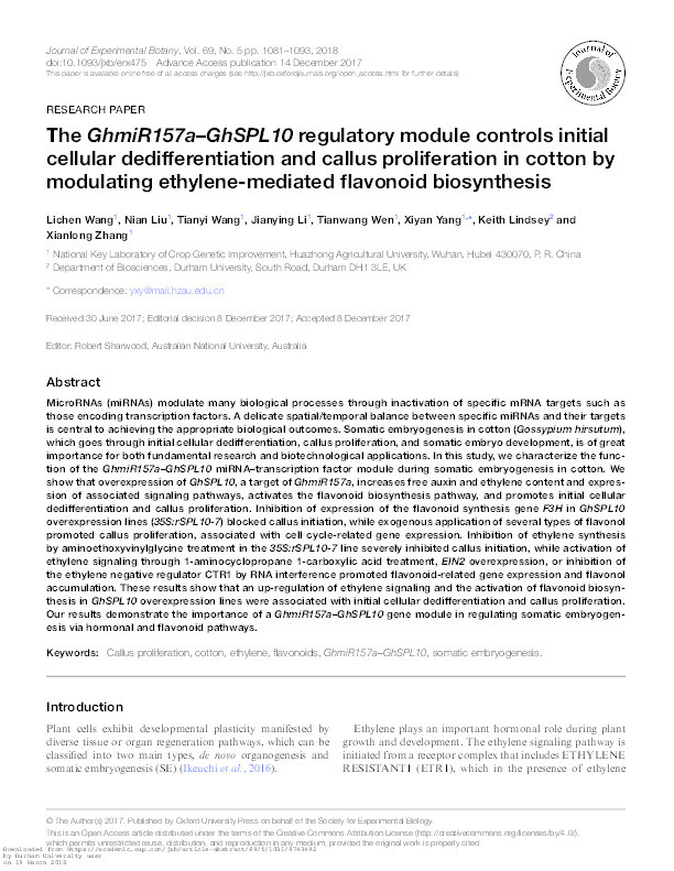 The GhmiR157a–GhSPL10 regulatory module controls initial cellular dedifferentiation and callus proliferation in cotton by modulating ethylene-mediated flavonoid biosynthesis Thumbnail