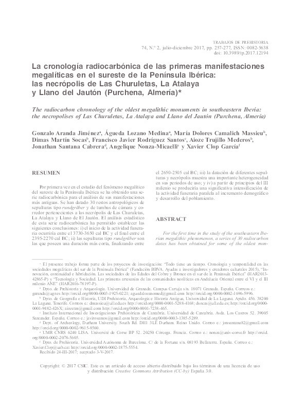 La cronología radiocarbónica de las primeras manifestaciones megalíticas en el sureste de la Península Ibérica: las necrópolis de Las Churuletas, La Atalaya y Llano del Jautón (Purchena, Almería). = The radiocarbon chronology of the oldest megalithic monuments in southeastern Iberia: the necropolises of Las Churuletas, La Atalaya and Llano del Jautón (Purchena, Almería) Thumbnail