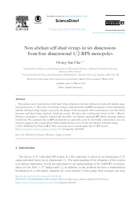 Non-abelian self-dual strings in six dimensions from four dimensional 1/2-BPS monopoles Thumbnail