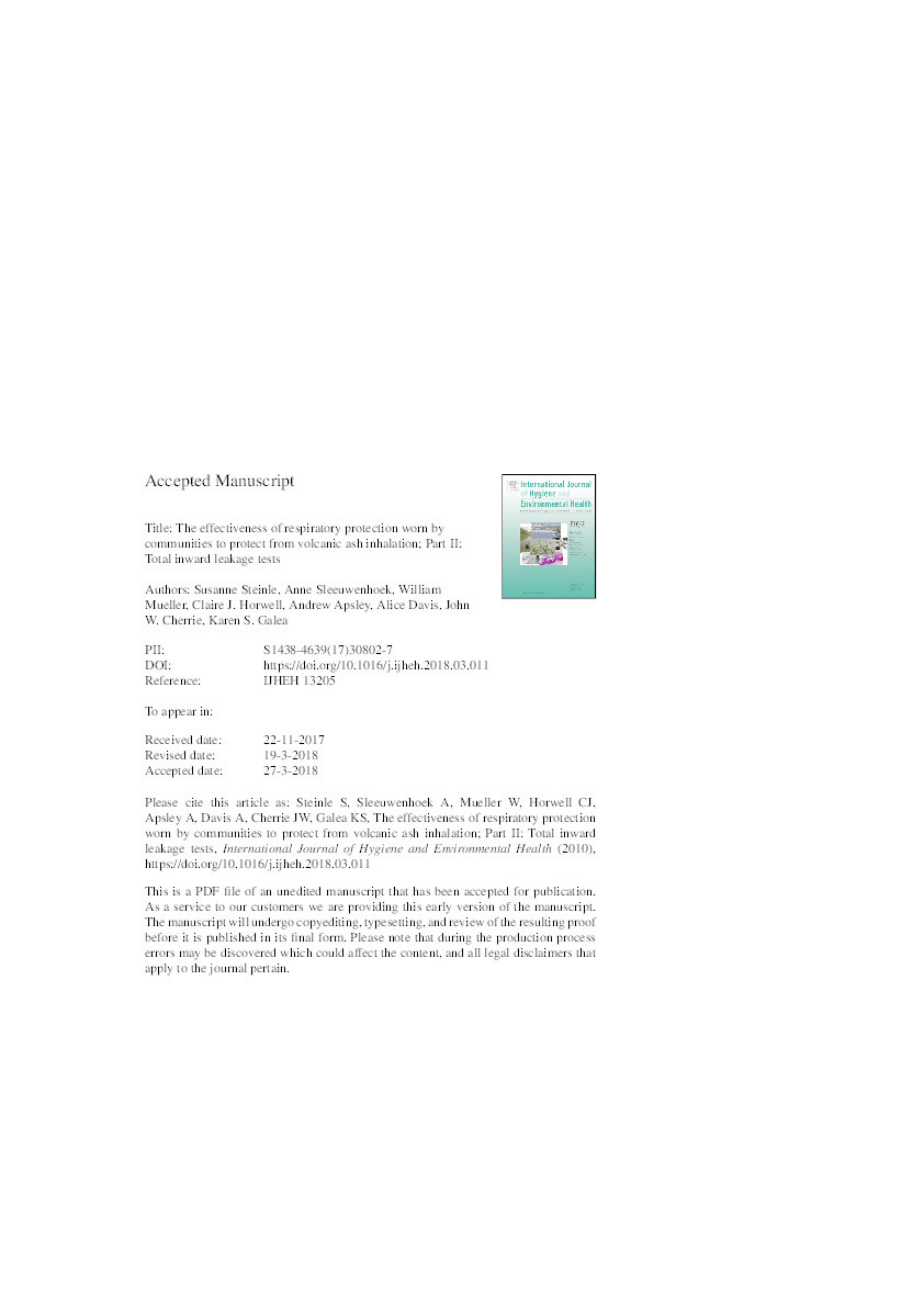 The effectiveness of respiratory protection worn by communities to protect from volcanic ash inhalation; Part II: Total inward leakage tests Thumbnail