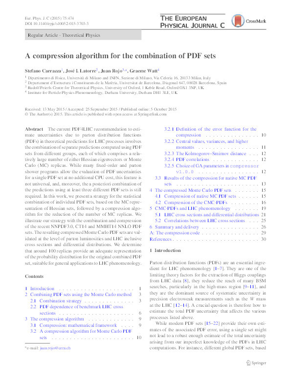 A compression algorithm for the combination of PDF sets Thumbnail
