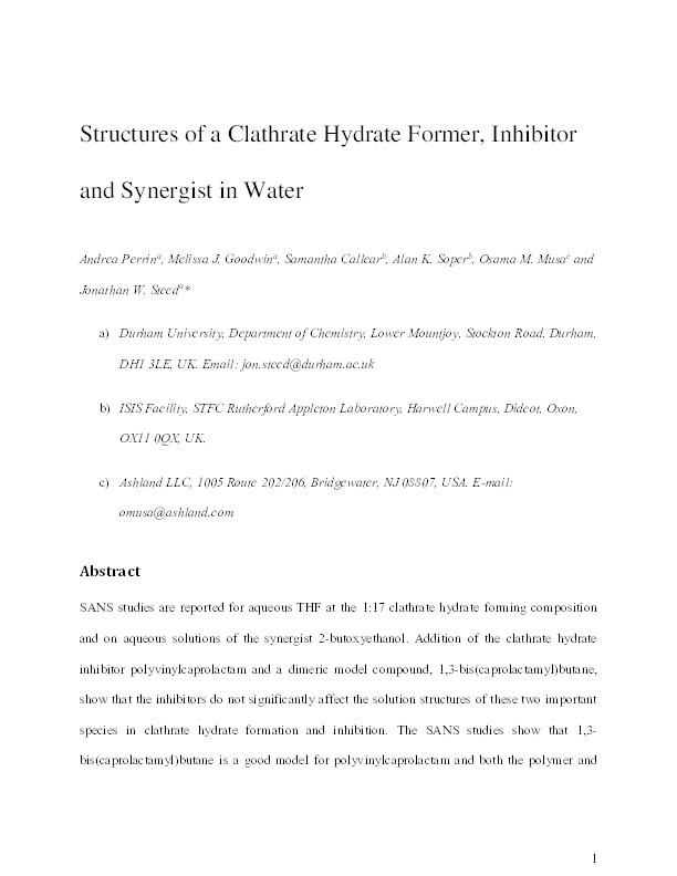 Structures of a Clathrate Hydrate Former, Inhibitor, and Synergist in Water Thumbnail