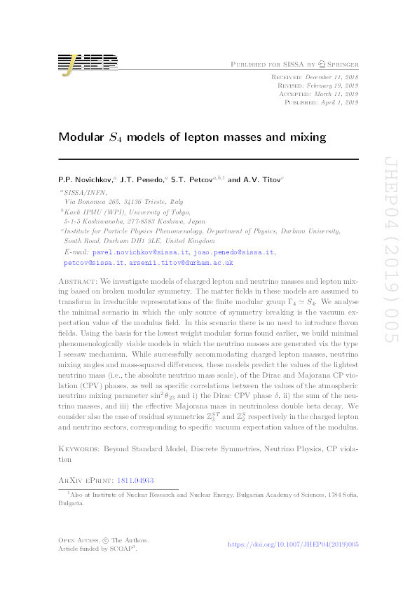 Modular S4 models of lepton masses and mixing Thumbnail