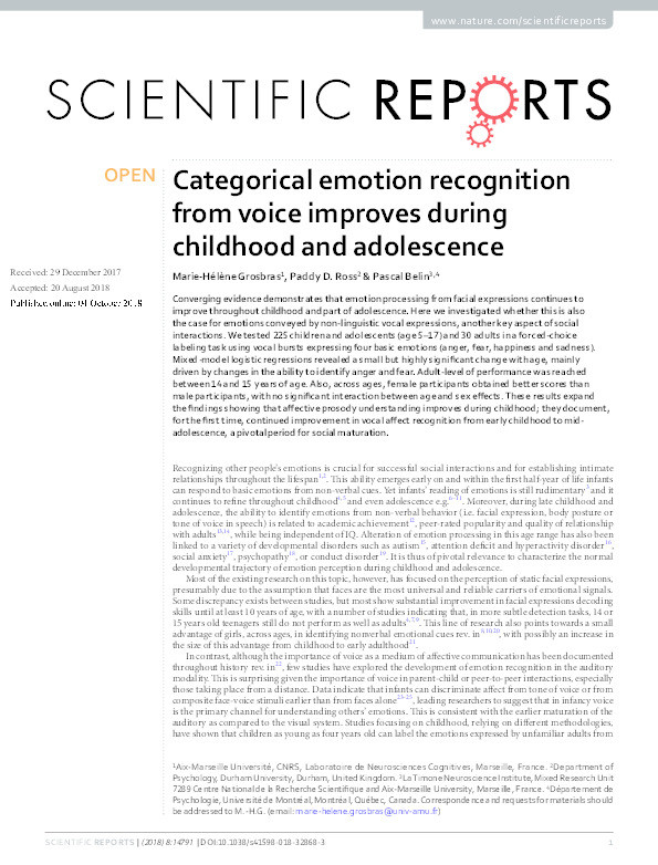 Categorical emotion recognition from voice improves during childhood and adolescence Thumbnail