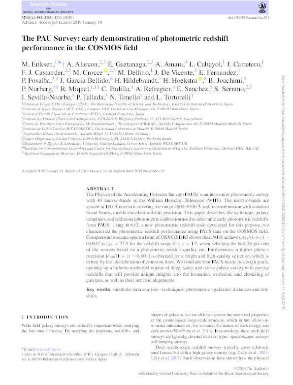 The PAU Survey: early demonstration of photometric redshift performance in the COSMOS field Thumbnail