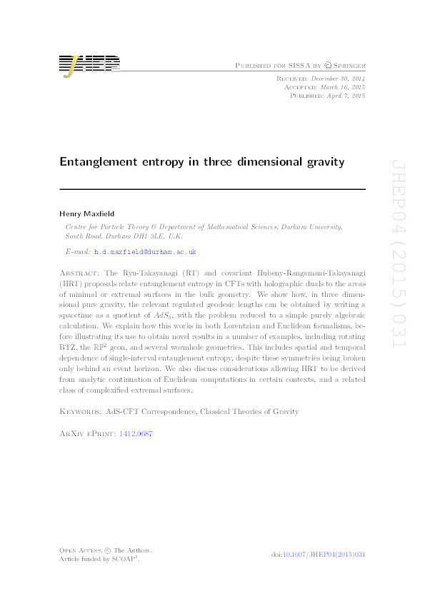 Entanglement entropy in three dimensional gravity Thumbnail