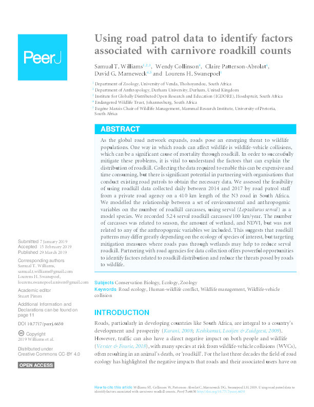 Using road patrol data to identify factors associated with carnivore roadkill counts Thumbnail